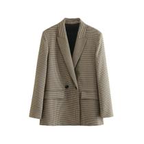 Blazer Vintage Feminino De Dupla Frente Com Estampa Xadrez, Manga Longa E Bolsos Com Aba, Moda Chic