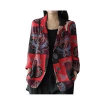 Blazer Vintage Feminino De Manga Longa Com Estampa, Camisa De Algodão Casual Para Outono E Primavera