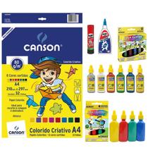 Bloco Criativo Canson A4 + Kit 6 Colas Glitter + 4 Colas Coloridas Acrilex + 1 Cola Branca Tenaz + 1 Cola Bastão Pritt