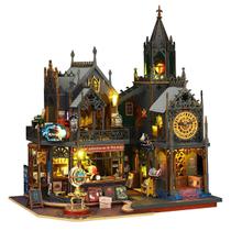 Bloco de Montar Castelo Mágico Vintage de Madeira com LED Decoração Colecionável DIY Rico em Detalhes