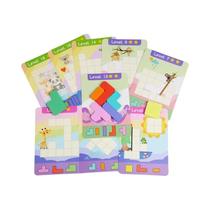 Blocos De Construção De Madeira Coloridos E 9 Cartões De Desafio Dupla Face, Brinquedo Educacional