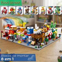 Blocos de Montar 8 em 1 Food Street 874 Peças Mini Cidade Lojas Comida Infantil Lúdico Colecionável Para Crianças e Adulto