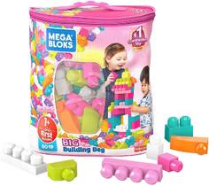 Blocos de Montar - Sacola Grande de Construção Rosa Mega Bloks - Meus Primeiros Blocos - 80 Blocos Duplos - Fisher Price