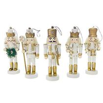 BlueSpace Nutcracker Figuras de enfeites suspensos - Ouro e branco Natal Mini Quebra-Nozes de Madeira Decoração Conjunto de Ornamentos de Árvore de Natal - 5'', Conjunto de 5pcs