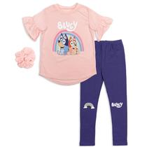 Bluey e Bingo Little Girls 3 Peças Conjunto de Roupas: T-Shirt Legging Scrunchy Rosa/Azul 7-8