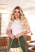 Blusa 100% algodão mangas de tule translúcido com pérolas e grippir Blusa 100% algodão mangas de tule translúcido com pérolas e grippir