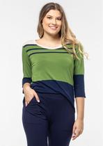 Blusa 3/4 Pau a Pique Listrada Azul Marinho e Verde