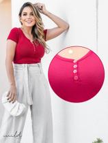 Blusa 4 Botões Gola em V Baby Look Moda Feminina Cores Da Estação Tecido Viés Viscolycra Premium