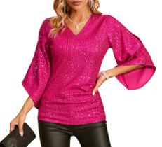 Blusa American Trends Sparkly Sparkly Sparkin, manga 3/4, decote em V, rosa Blusa American Trends Sparkly Sparkly Sparkin, manga 3/4, decote em V, rosa
