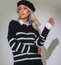 Blusa Ampla de Tricot com Gola Redonda e Listras Finas Preto TAMANHO ÚNICO