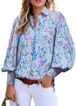 Blusa Astylish Boho de manga folhada com decote em V azul paisley para mulheres