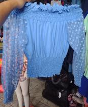 Blusa azul feminina mangas longas com poá