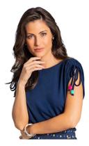 Blusa Azul Marinho Feminina De Manga Curta Com Drapeado Blusa Azul Marinho Feminina De Manga Curta Com Drapeado