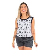 Blusa Baby Look Feminina Branca Estampa Crânio Blusa Baby Look Feminina Branca Estampa Crânio