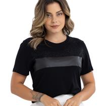 Blusa Baby Look Feminina Casual Visco Lycra C/Aplique Metalizado Moda Primavera Verão Slim Over 30424A