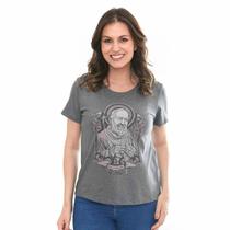 Blusa Baby Look São Padre Pio Grafite DV12064 Blusa Baby Look São Padre Pio Grafite DV12064
