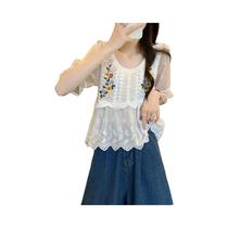 Blusa Babydoll De Crochê Com Bordado Floral, Manga Bufante, Renda Com Ilhós, Estilo Fada/Cottagecore