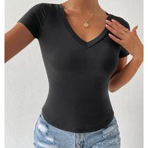 Blusa básica baby look manga curta gola v casual blogueira feminina