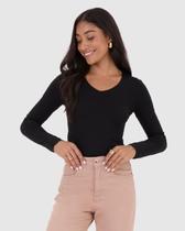 Blusa Básica Feminina Gola V Manga Longa Em Viscose Stretch