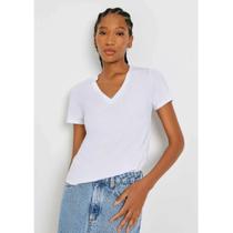 Blusa Básica Feminina Manga Curta Decote V Tamanho G Branco