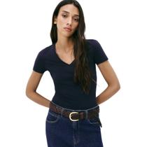 Blusa Básica Hering Decote V Com Elastano Azul Marinho
