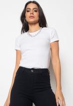 Blusa Básica Manga Curta Malha Canelada Branco Salvatore Fashion