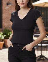 Blusa Básica Slim Com Decote V Em Elastano P Ao Xxg Cor:PretoTamanho:G