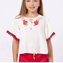 Blusa Bata em Linho Meninas com Bordado Elegância Natural Tam10 Blusa Bata em Linho Meninas com Bordado Elegância Natural Tam10