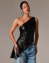 Blusa Bata Feminina Assimétrica Regata Paetês Moda Blogueira Festa