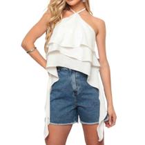 Blusa bata feminina Cropped alça fina frente única babados com ponta corte americano - filo modas