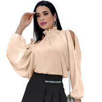 Blusa Bata Feminina Gola Alta Manga Bufante Ombro Vazado