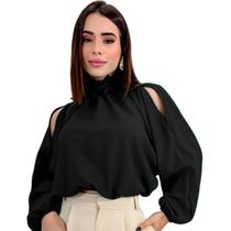 Blusa Bata Feminina Gola Alta Manga Bufante Ombro Vazado