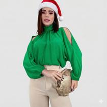 Blusa Bata Feminina Gola Alta Manga Bufante Ombro Vazado