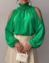 Blusa Bata Feminina Gola Alta Manga Bufante Ombro Vazado