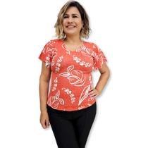 Blusa Bata Feminina Manga Curta de Malha Estampada Decote V