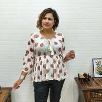 Blusa Bata Indiana Manga Bufante Estampada com Amarração - Blusa Bata Indiana Manga Bufante Estampada com Amarração -