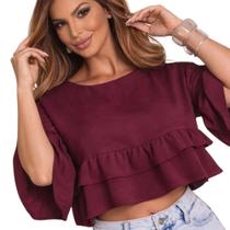 Blusa Bata Manga Duna Cropped Babados Moda Feminina Boho Blusa Bata Manga Duna Cropped Babados Moda Feminina Boho