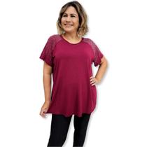 Blusa Bata Plus Size Manga Curta Malha Lisa Strass na Manga