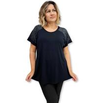 Blusa Bata Plus Size Manga Curta Malha Lisa Strass na Manga Blusa Bata Plus Size Manga Curta Malha Lisa Strass na Manga