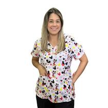 Blusa Bata Scrub Pijama Cirúrgico - Oxfordine - Mickey Fd Branco