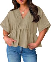Blusa Beautife feminina plus size Babydoll com decote em V cáqui