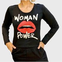 Blusa Beijo Feminina Woman Power Leve Amarração Preto - Blusa Zet Crepe Seda