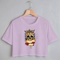 Blusa Blusinha Camiseta Cropeed TShirt Feminina Algodão Tecido Premium Estampa Digital Caveira Rei