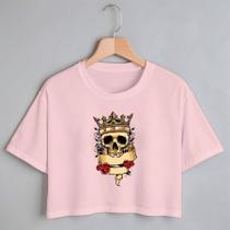 Blusa Blusinha Camiseta Cropeed TShirt Feminina Algodão Tecido Premium Estampa Digital Caveira Rei