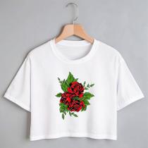 Blusa Blusinha Camiseta Cropeed TShirt Feminina Algodão Tecido Premium Estampa Digital Flor Rosas