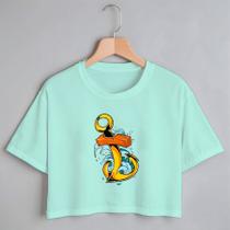 Blusa Blusinha Camiseta Cropped TShirt Feminina Algodão Tecido Premium Estampa Digital Âncora Gold e Azul