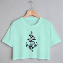 Blusa Blusinha Camiseta Cropped TShirt Feminina Algodão Tecido Premium Estampa Digital Âncora Silver