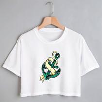 Blusa Blusinha Camiseta Cropped TShirt Feminina Algodão Tecido Premium Estampa Digital Âncora Verde e Branco