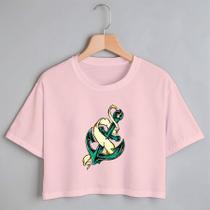 Blusa Blusinha Camiseta Cropped TShirt Feminina Algodão Tecido Premium Estampa Digital Âncora Verde e Branco - Pavesi