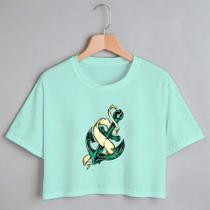 Blusa Blusinha Camiseta Cropped TShirt Feminina Algodão Tecido Premium Estampa Digital Âncora Verde e Branco